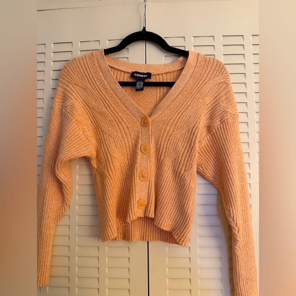 Express Peach Cropped Ribbed Knit Cardigan | Cinched Waist | Button Front